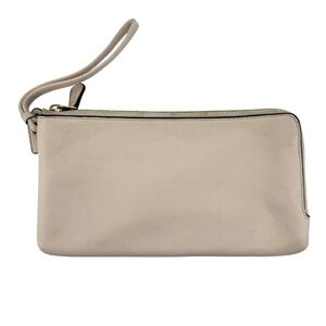 Coach Double Zip Pebble‎ Leather Wristlet Wallet Clutch Cream F54056 Gold Accent